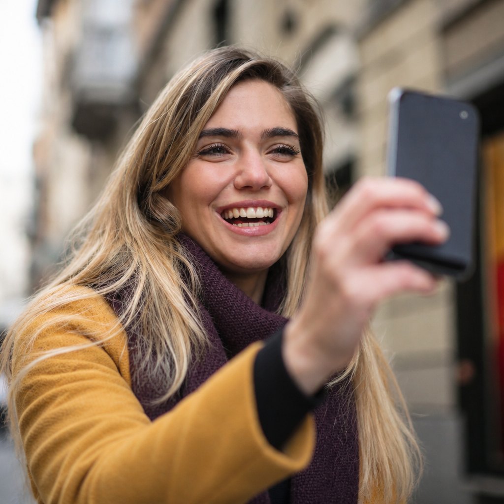 Sugar baby sorrindo enquanto usa o celular no aplicativo Alaniz