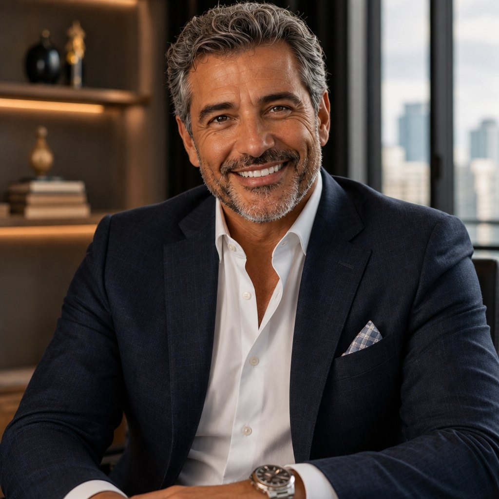 Sugar daddy sorrindo em escritório sofisticado no Alaniz